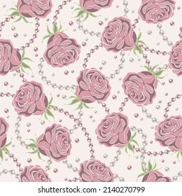 Seamless pattern and pale pink vintage roses  pearl strings  perls beads white background  Vector illustration 