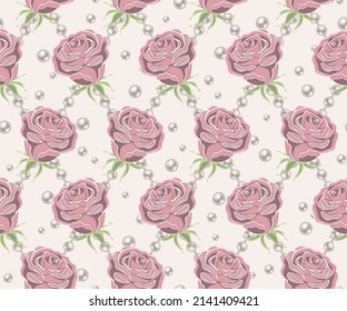 Seamless pattern and pale pink vintage roses  pearl strings  pearls beads in rhombic grid white background  Vector illustration 