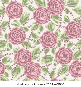 Seamless pattern and pale pink vintage roses  leaves  pearl strings  pearls beads white background  Vector illustration 