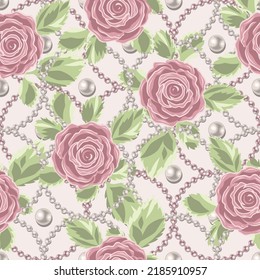 Seamless pattern with pale pink vintage roses, leaves, pearl strings, pearls beads, overlapping circles on white background. Vector delicate illustration. Wedding, romantic decoration.