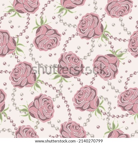 Seamless pattern with pale pink vintage roses, pearl strings, perls beads on white background. Vector illustration.