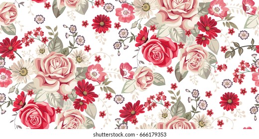 Seamless pattern with pale roses and red flowers on white background