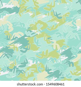 Seamless pattern. Pale shades of colors - cyan, khaki, green, yellow. Camouflage.