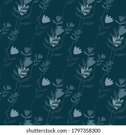 Patrón inmaculado en tonos pálidos con siluetas de flores. Impresión botánica turquesa oscura estilizada. Sencillo telón de fondo. Excelente para papel de pared, textil, papel envolvente, impresión de tela. Ilustración vectorial.