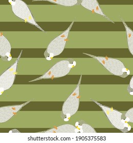 Seamless pattern in pale tones with simple grey parrot silhouettes. Green olive striped background. Flat vector print for textile, fabric, giftwrap, wallpapers. Endless illustration.