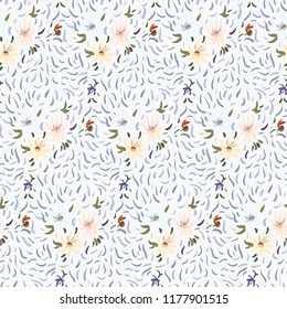 Seamless pattern of pale yellow, pink and blue anemone flowers in post-impressionism style