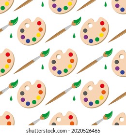 Seamless pattern with palette, paints and brush. The concept of learning and creativity. Vector illustration