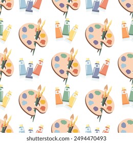 Seamless pattern, palette with paints, brushes and tubes with acrylic. Background with art supplies, accessories for creativity. Print
