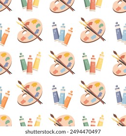 Seamless pattern, palette with paints, brushes and tubes with acrylic. Background with art supplies, accessories for creativity. Print