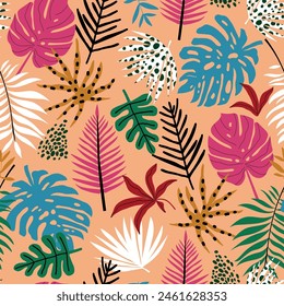 Seamless pattern palm branch and tropical background. Creative jungle floral texture. Great for fabric, textile Vector Illustration