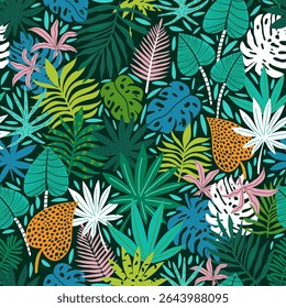 Padrão sem emenda do ramo da palma e fundo tropical. Textura floral da selva criativa colorida e verde. Excelente para tecido, ilustração de vetor têxtil