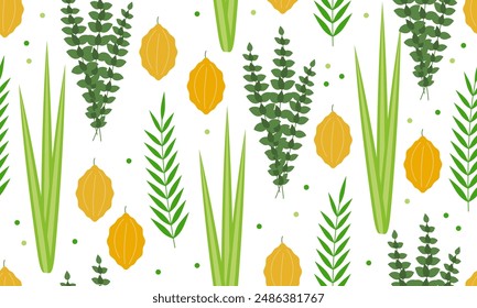 Seamless pattern with palm branch, willow and myrtle leaves, bright yellow etrog. Jewish festival Sukkot four species lulav and esrog. Perfect for wallpapers, pattern fills, surface textures, textile