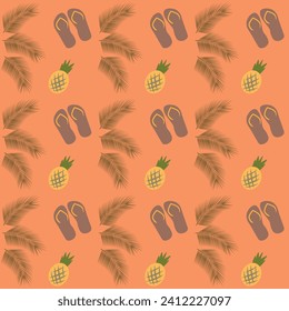 Seamless pattern of palm branches, pineapples and flip-flops