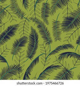 Seamless pattern with palm branches. Tropical texture. Fashionable design for fabric, clothing. Palm tree, silhouette tropical leaves  on a green background. Jungle, Hawaii print