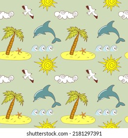 Seamless pattern with palm, dolphin, sun, cloud, see waves and bird, vector background, eps10