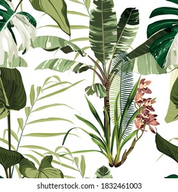 Seamless pattern with palm and exotic tropical leaves and orchid flowers. Illustration on white background.	