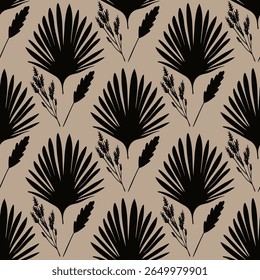 Seamless pattern of palm fan leaves on beige background. Ideal for textile, home decor, banner, cover, etc
