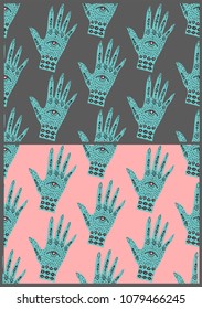 seamless pattern with palm hand with eye