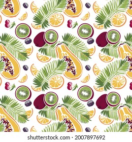 Seamless pattern palm leaf, kiwi, papaya, orange, cherry, blackberry on a white background. Cute vector background. Bright illustration of summer fruits. Design of fruit mixes for fabric and decor.  