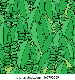 Seamless pattern with palm leafs in cartoon style. Vector illustration.
