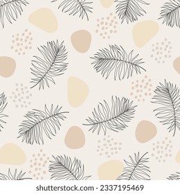 Seamless pattern with palm leaves, abstract shapes and dots. Line art. Pastel earthy colors. Vector illustration.