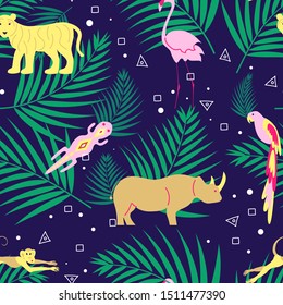 Seamless pattern with palm leaves and african or tropic animals on dark blue background. Flat Art Vector illustration