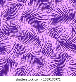 Seamless pattern with palm leaves and animalistic spots isolated on pink background. Vector wallpaper. Tropical boho vibes design.