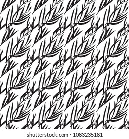 Seamless pattern with palm leaves. Artistic background with abstract plants. Design element for textile or wrapping paper, surfaces and backdrops. Black and white colors 