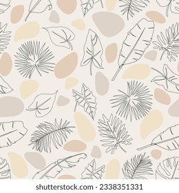 Seamless pattern with palm leaves, babana, alocasia, abstract shapes. Line art. Pattern with tropical leaves. Pastel earthy colors. Vector illustration.