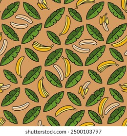 Seamless pattern with palm leaves and bananas. Tropical vector background with isolated objects on sand.