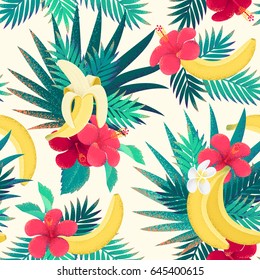 Seamless pattern with palm leaves, bananas, hibiscus and frangipani (plumeria) flowers. Retro vector tropical background