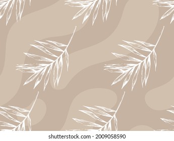 Seamless pattern with palm leaves in beige, light brown colors. Summer, tropical, voyage, beach vibe. Suited for textile, background, wallpaper, wrapping, swimsuit, silk, satin neckerchief.