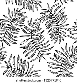 
Seamless pattern of palm leaves, black leaves on a white background.