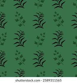 Seamless pattern with palm leaves and branches on a green background