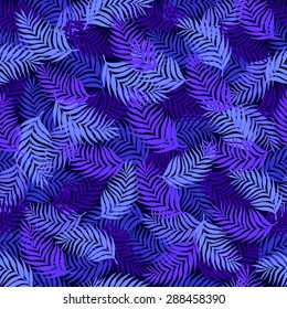 Seamless pattern of palm leaves branches superimposed on each other beautifully in dark blue and dark purple color