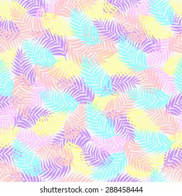 Seamless pattern of palm leaves branches imposed nice to each other in a light purple and pale pink and pale yellow pastel colors