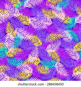 Seamless pattern of palm leaves branches superimposed on each other beautifully dark purple and bright pink and bright yellow fluorescent colors