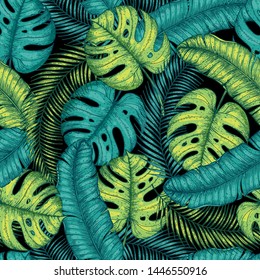 Seamless pattern with palm leaves. Bright background. Hand drawn vector illustration. Jungle pattern. 