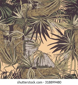 Seamless pattern with palm leaves, bright