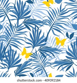 Seamless pattern palm leaves and butterflies, tropical style, vector illustration