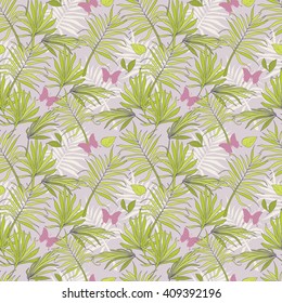 Seamless pattern palm leaves and butterflies, tropical style, vector illustration