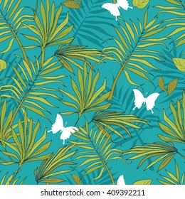 Seamless pattern palm leaves and butterflies, tropical style, vector illustration