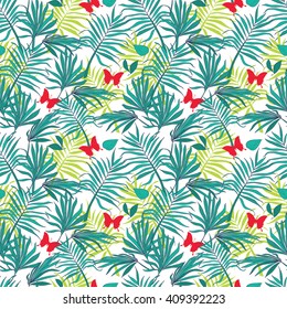 Seamless pattern palm leaves and butterflies, tropical style, vector illustration