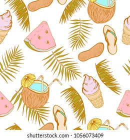 seamless pattern, palm leaves, coconut cocktail, ice cream in a waffle cup, Vietnamese, slice of watermelon, vector illustration hand-drawn