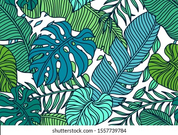Seamless pattern with palm leaves. Decorative image of tropical foliage and plants.