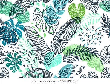 Seamless pattern with palm leaves. Decorative image of tropical foliage and plants.