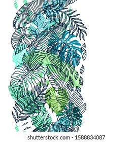Seamless pattern with palm leaves. Decorative image of tropical foliage and plants.