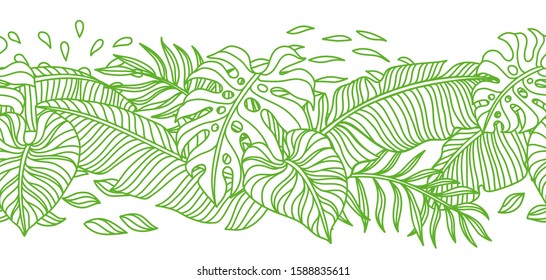 Seamless pattern with palm leaves. Decorative image of tropical foliage and plants.