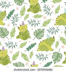 Seamless pattern with palm leaves and dinosaurs. Tropical background. Cute dino, happy birthday