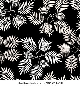 Seamless pattern with palm leaves. Endless background. Black and white illustration.